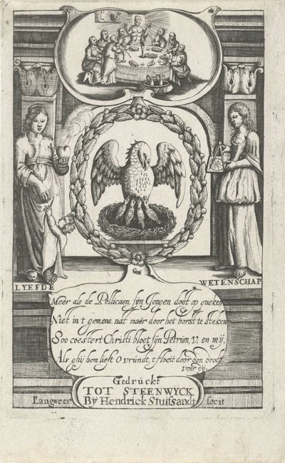 Pelikan fodrer sine unger med sit eget blod Titelblad for: D. van Baardt, Tapestry of the Spiritual and the Worldly dominion, 1661 af P. Langweer