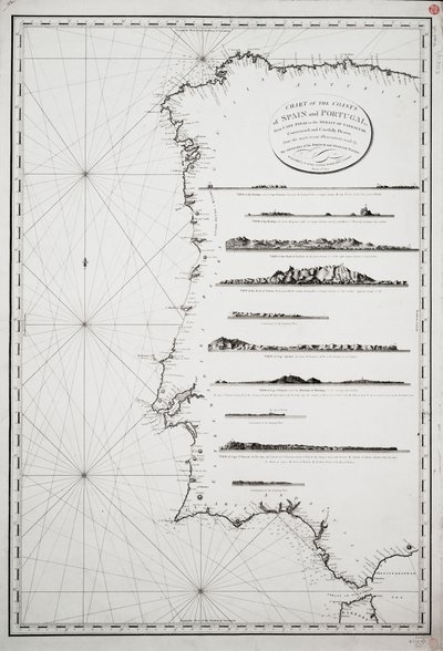 Kort over Spaniens og Portugals kyster fra Kap Pinas til Gibraltarstrædet, konstrueret og omhyggeligt tegnet ud fra de seneste observationer foretaget af officerer fra den franske og spanske flåde. af P. Steel