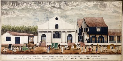 En sydlig udsigt over Wesleyan Mission House, Colombo på øen Ceylon, opført Anno Domini 1816, ca. 1816 (akvarel) af P. van Houten