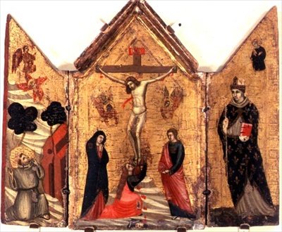 Korsfæstelsestriptykon med St. Frans, der modtager Stigmata og St. Benedikt af Pacino di Bonaguida