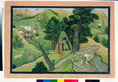 74.73 Rama og Lakshmana vandrer på jagt efter Sita, fra Ramayana, Kangra, Himachal Pradesh, 1780 af Pahari School