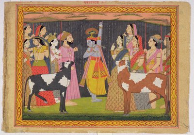 Krishna løfter Govardhana-bjerget, fra Bhagavata purana, Kulu, Himachal Pradesh, 1749 af Pahari School