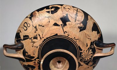 Detalje af en rød-figur kop på loftet, der viser scener fra den trojanske krig, ca. 490 f.Kr. (keramik) (se 92562 & 211797 for interiør) af Painter Brygos