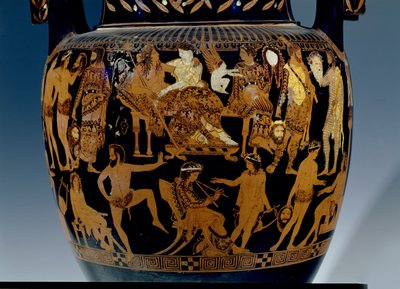 Loftsvolutkrater med rød figur, detalje af scenen af skuespillere og musikere, der forbereder sig til en forestilling før Bacchus og Ariadne, græsk, fra Ruvo, 5. århundrede f.Kr. (keramik) (se også 119444-5 af Painter Pronomos