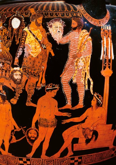 Rød-figur volute krater med en skuespiller, der holder sin maske, fra Ruvo, ca. 410 f.Kr. (keramik) af Painter Pronomos