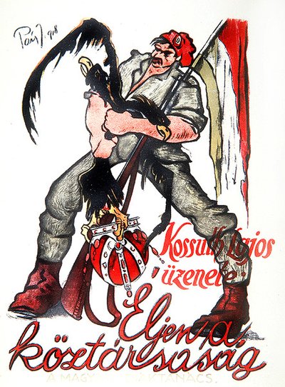 Ungarsk revolutionær, der kvæler den dobbelthovedede østrig-ungarske ørn og proklamerer Kossuths proklamation "Længe leve republikken", plakat af Budapest Kommune af Paizs Goebel Jeno