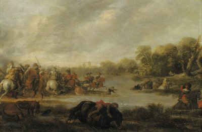 En kavaleri-træfning ved en flod af Palamedes Palamedesz