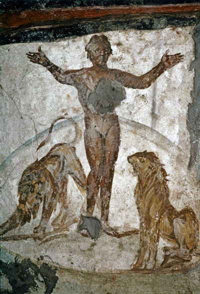 TIDLIG KRISTEN KUNST: Catacombe. Daniel i løvens hule, 4. århundrede (fresko) af Paleo-Christian