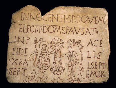 Gravsten med inskription og Kristi dåb, tidlig kristen periode, 3. århundrede af Paleo Christian
