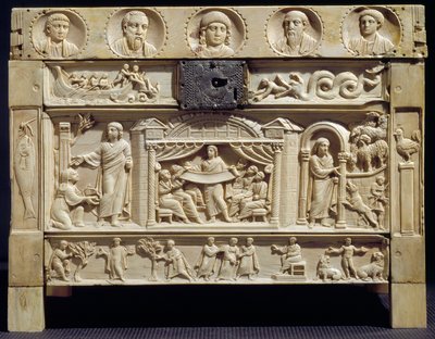 Paleochretian Art: Relikvieskrin (lipsanotheque) af scener fra Det Gamle og Nye Testamente i lavere relieffer. 4. århundrede Fra klostret Santa Giulia, Italien. Brescia, kristent museum af Paleo Christian