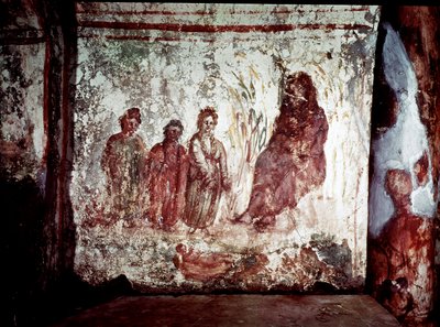 Paleochretiansk kunst (perioden i det gamle Rom): Moses redder fra Nilens vande af Faraos datter. Fresko af katakomben på Via Latina i Rom. 4. århundrede. - Tidlig kristen kunst. Moses reddede op af vandet. Fresco, 4. århundrede e.Kr. Catacom af Paleo Christian