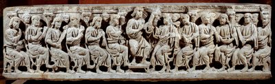 Paleokristen kunst: udskåret sarkofag, der viser Kristus, der underviser med skuespillerinden. fra Ain. Slutningen af det 4. århundrede efter JC. Søn 0,6x2,2 m Paris, museum du Louvre af Paleo Christian