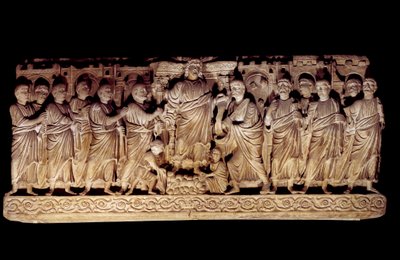 Paleochretiansk kunst: udskåret sarkofag, der repræsenterer Kristus med apoterne. fra Basilica of St. Peter i Rom, mausolee af Anicii. 390-400 e.Kr. Paris, Louvre-museet af Paleo Christian