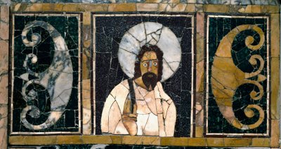 Paleokristen kunst: "" fremstilling af Kristus, sandsynligvis den første""" 3. århundrede e.Kr. Marquette marmor. Ostiense Museum, Ostia af Paleo Christian