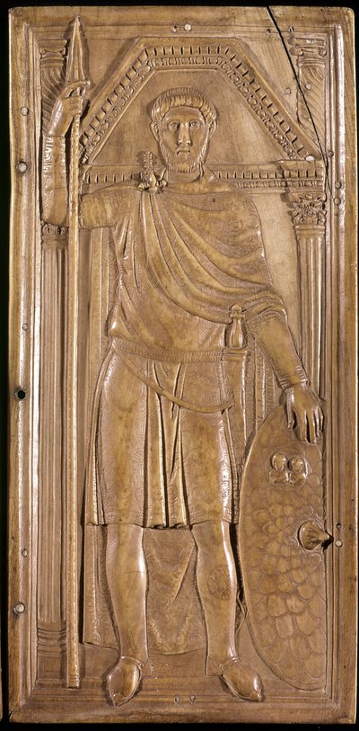 Stilicon i våben, general, patrice og konsul i det vestromerske imperium. Højre panel af stilichos dybtik (skulptur på elfenben, ca. 395) af Paleo Christian