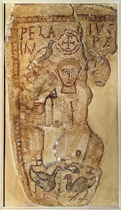 Paleochretiansk antikvitet: "" Repræsentation af ascetmunken Pelage (eller Pelagius) (350-420)"" Begravelsesmosaik fra Tunesien. Paris, Louvre-museet af Paleo-Christian Paleo-Christian