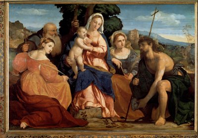 Jomfru med barn med St. Catherine og St. Celestine (til venstre) og Johannes Døberen og Barbara (til højre) (maleri af Palma Il Giovane