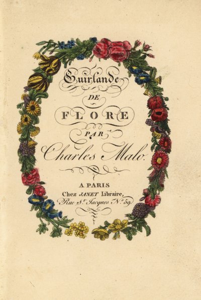 Kalligrafisk titelside i en blomsterkrans af roser, tulipaner og andre blomster af Pancrace (after) Bessa