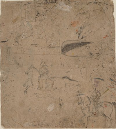 Side fra en skitsebog, der viser linealer på hesteryg, orner og en paladsscene, slutningen af det 18. århundrede af Pandit Seu