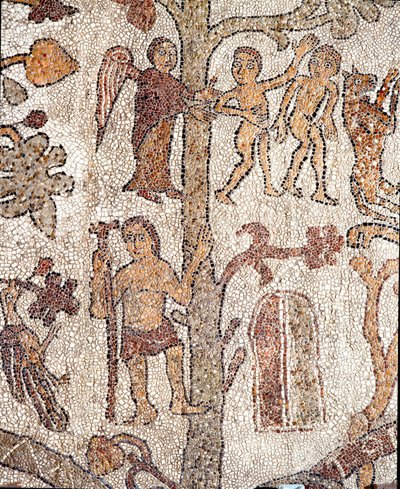 Adam og Eva jager fra Jordens paradismosaik af Pantaleone, præst og mosaist. 1163-1166. Centralskib i katedralen i Otranto af Pantaleon