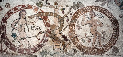 Adam og Evas fristelse Mosaik af Pantaleone, præst og mosaist. 1163-1166. Det centrale skib i katedralen i Otranto (Otranto), Italien af Pantaleon Pantaleon