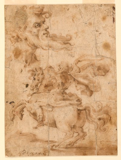 Tegning, Hovedet af en skægget mand, en mand til hest, ca. 1650 af Paolo Emilio Besenzi