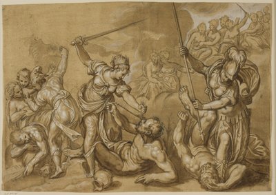Justice, Mercury og Minerva besejrer lasterne, mens en gruppe gudinder ser fra skyerne af Paolo Farinati