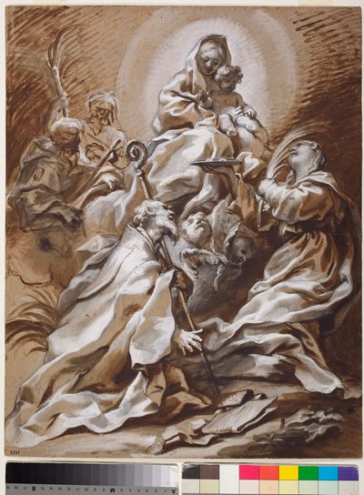 Jomfruen og barnet i herlighed med de hellige Fortunato, Nicholas, James og Christopher af Paolo Gerolamo Piola