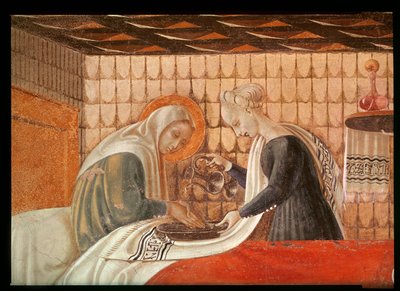 Jomfruens fødsel, detalje af Sankt Anna og en ledsager, 1440, fresko, se også 85549 af Paolo Uccello