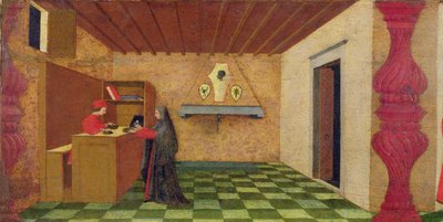 Predella af vanhelligelse af værten: Den kristne kvinde tvunget til at indløse sin kappe til prisen for den indviede vært af en jødisk pantelåner, ca. 1467-69 (tempera på panel) (detaljer) af Paolo Uccello