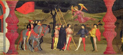 Predella fra værtens vanhelligelse: Den angrende kristne kvinde bliver hængt for at pantsætte den indviede vært, ca. 1468 (tempera på panel) (detaljer) af Paolo Uccello