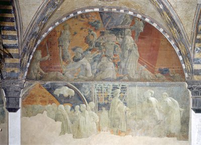 Syndfloden og vandets synkning (øverste sektion) Noas ofring og drukkenskab (nederste sektion) lunette (for detaljer se 123196) af Paolo Uccello