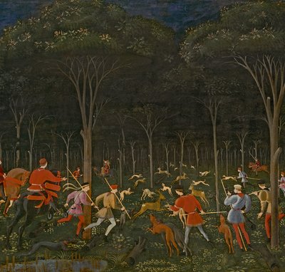 Jagten i skoven, ca.1465-70 olie på panel detalje af 100861 af Paolo Uccello