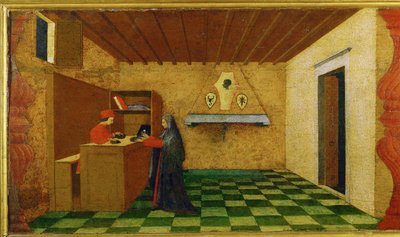 Vanhelligelse af hostien: Hostien sælges til en købmand (skimmel på træ) af Paolo Uccello