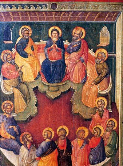Jomfruen omgivet af tolv apostle eller pinse, af Paolo Veneziano (aktiv 1333-1358) af Paolo Veneziano