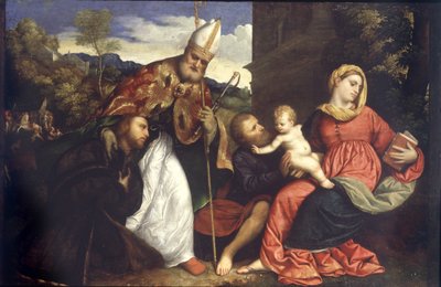 Hellig familie med Skt. Ambrosius præsenterer en donor, ca. 1525 (olie på panel) af Paris Bordone