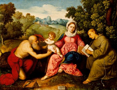 Madonna og barn med de hellige Hieronymus og Frans, ca. 1525 af Paris Bordone