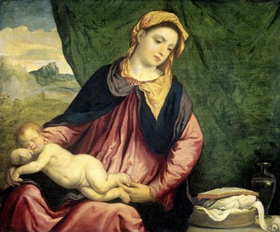 Madonna med sovende barn af Paris Bordone