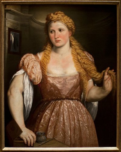 Portræt af en ung kvinde. Maleri af Paris Bordone (eller Bordon) (1495-1571), olie på lærred, ca. 1550. Italiensk kunst (Venedig) af Paris Bordone