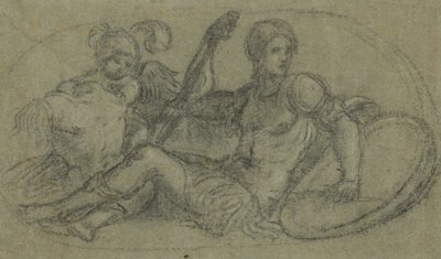 Siddende mandlig figur med putto og rustning af Paris Bordone