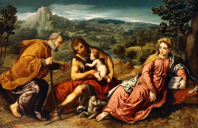 Den hellige familie med Johannes Døberen i et landskab, 1545-50 af Paris Bordone