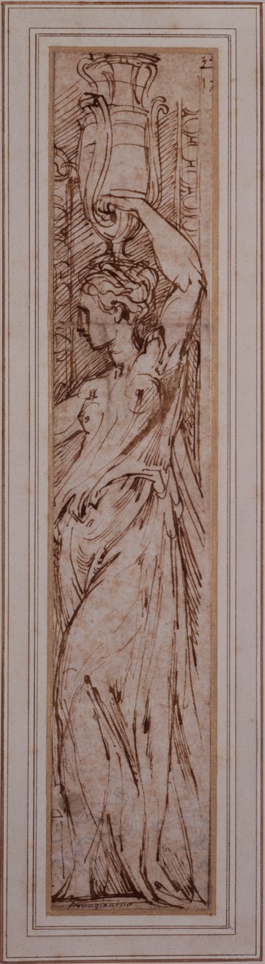 En Canephoros i profil til venstre (pen, blæk og vask på papir) af Parmigianino