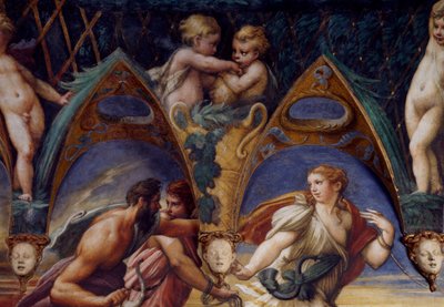Actaeon med sine ledsagere, detaljer fra Myth of Diana and Actaeon, omkring 1524, af Francesco Mazzola, kendt som Parmigianino (1503-1540), fresco, Room of Diana and Actaeon, Rocca Sanvitale, Fontanellato, nær Parma, Emilia-Romagna, Italien af Parmigianino