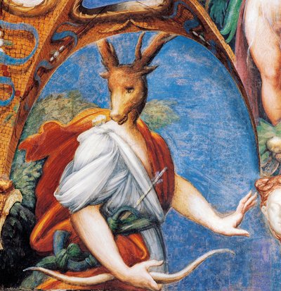 Actaeons transformation til hjort, fra Myth of Diana and Actaeon, omkring 1524, af Francesco Mazzola kendt som Parmigianino (1503-1540), fresco, Room of Diana and Actaeon, Rocca Sanvitale, Fontanellato, nær Parma, Emilia-Romagna, Italien af Parmigianino