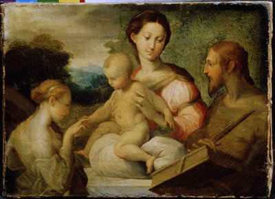 ""The Mystical Marriage of Saint Catherine"" (The Mystical Marriage of Saint Catherine) Den mystiske vielse mellem Saint Catherine of Siena (1347-1380) med Kristus i 1368. Maleri af Girolamo Francesco Maria Mazzola kendt som Parmigianino eller Le Parmesan  af Parmigianino