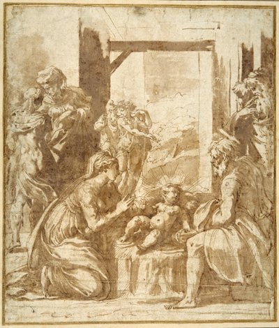 The Nativity (pen & brunt blæk med brun vask på hvidt papir) af Parmigianino