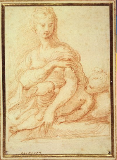 Jomfruen leger med barnet på sit skød (rødt kridt på hvidt papir) af Parmigianino