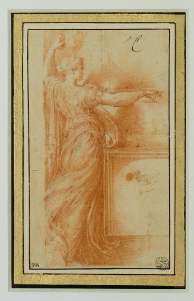 En canephore. Sanguine, hvide highlights, beige papir ... af Parmigianino (1503-40)