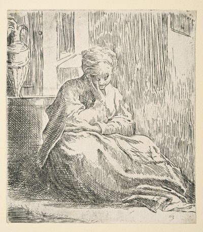 Kvinde siddende på jorden, kendt som Saint Thais (ætsning) af Parmigianino