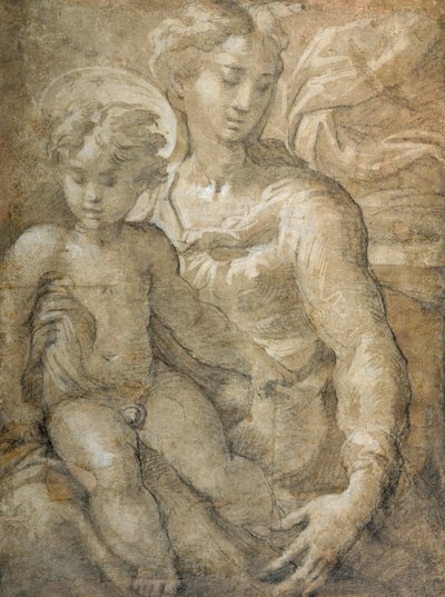 Jomfru med barnet på skødet (sort kridt med brun vask & hvid kropsfarve på papir) af Parmigianino 